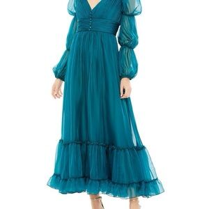 Mac Duggal #68254 chiffon ruched tiered puff sleeve a line dress Teal size 6